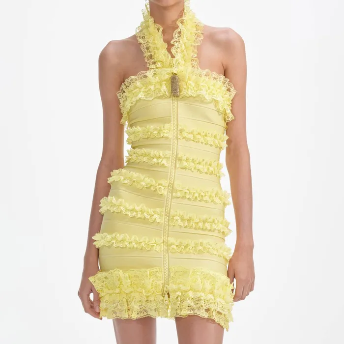 Self Portrait Dresses Women Yellow Knit Zip Ruffle Mini Dress