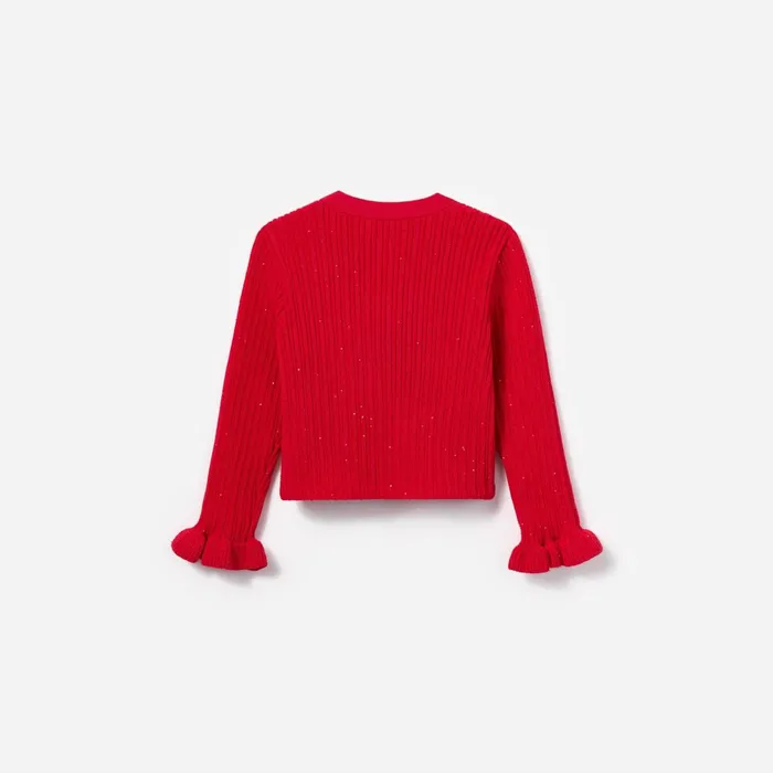 Self Portrait Kids Red Ribbed Knit Cardigan