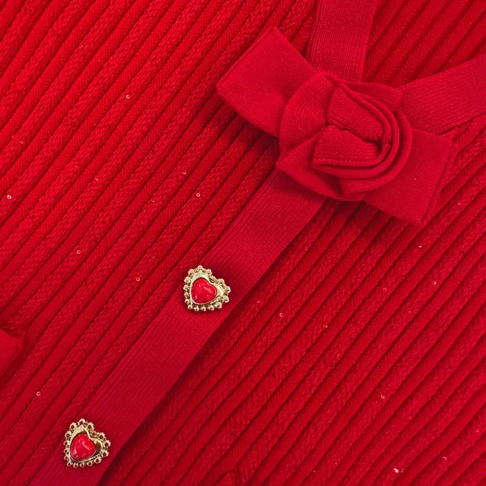 Self Portrait Kids Red Ribbed Knit Cardigan