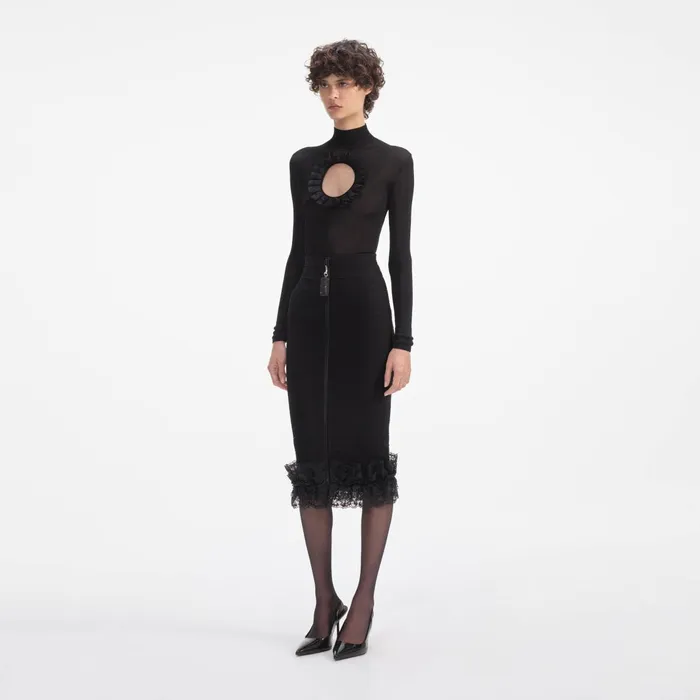 Self Portrait Knitwear Women Black Ruffle Knit Midi Skirt