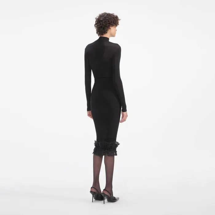 Self Portrait Knitwear Women Black Ruffle Knit Midi Skirt
