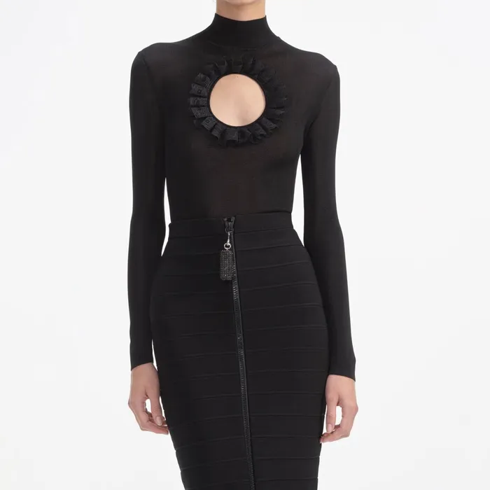 Self Portrait Knitwear Women Black Ruffle Knit Midi Skirt
