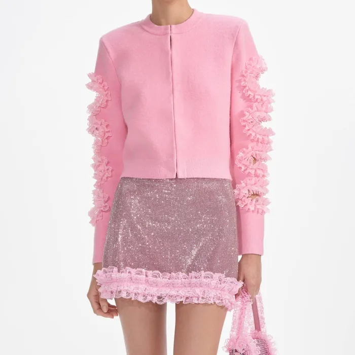 Self Portrait Knitwear Women Pink Cut Out Lace Detail Cardigan Pink