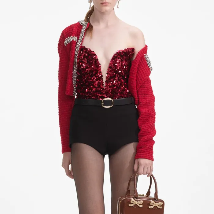 Self Portrait Tops Women Red 3D Sequin Top