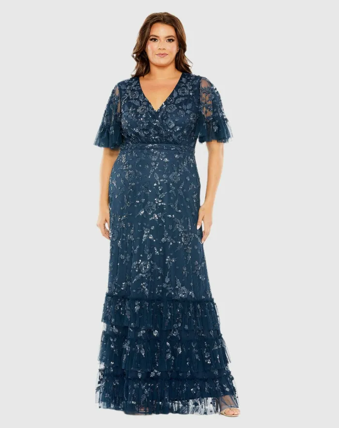 Sequin Embellished Flutter Sleeve Faux Wrap VNeck Tiered Dress Twilight Plus Size Dresses Mac Duggal Women Sequin Embellished Flutter Sleeve Faux Wrap VNeck Tiered Dress Twilight Plus Size Dresses Mac Duggal Women