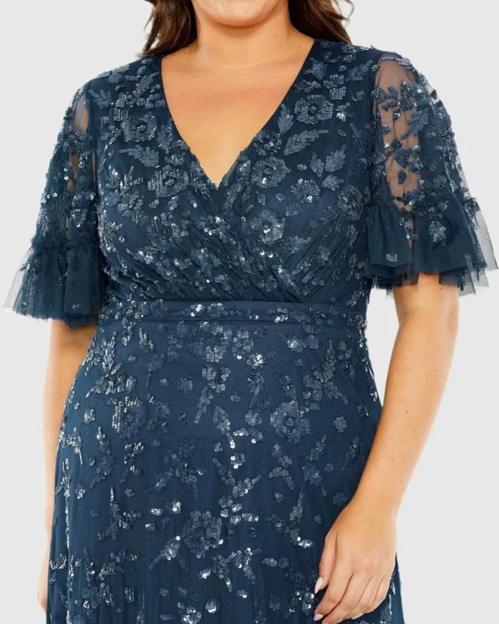 Sequin Embellished Flutter Sleeve Faux Wrap VNeck Tiered Dress Twilight Plus Size Dresses Mac Duggal Women