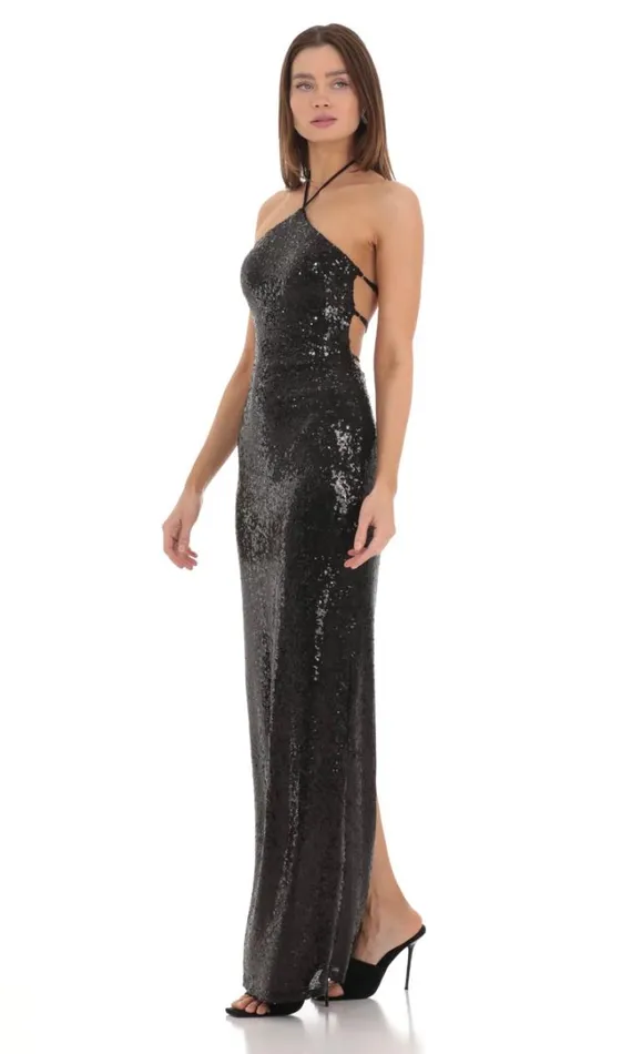 Sequin Halter Maxi Dress Black Women LUCY IN THE SKY Maxi Dresses