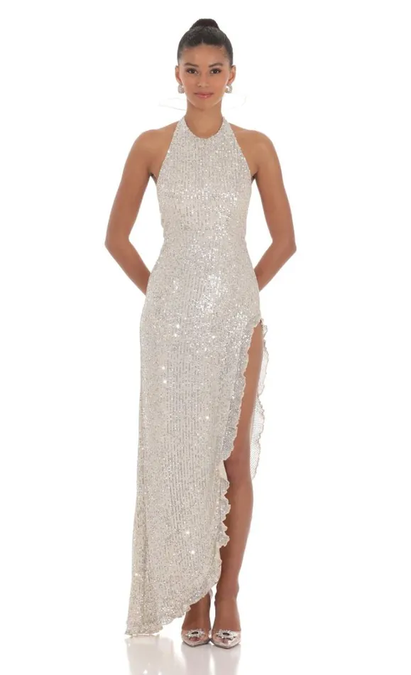 Sequin Halter Ruffle Maxi Dress Champagne Women LUCY IN THE SKY Maxi Dresses