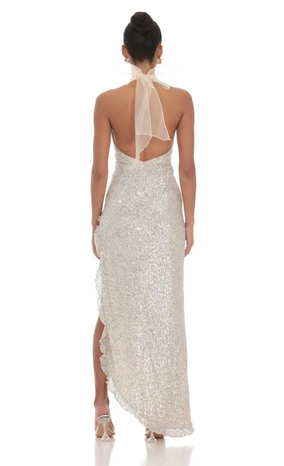 Sequin Halter Ruffle Maxi Dress Champagne Women LUCY IN THE SKY Maxi Dresses