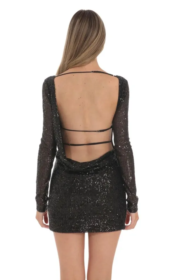 Sequin High Neck Open Back Dress Black Women LUCY IN THE SKY Mini Dresses