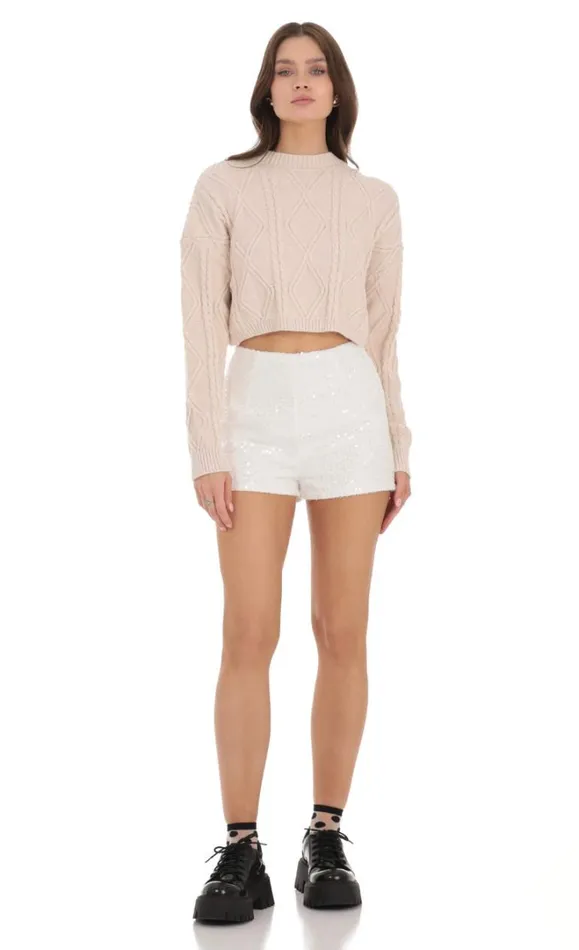 Sequin High Waisted Shorts White Women LUCY IN THE SKY Shorts Sequin High Waisted Shorts White Women LUCY IN THE SKY Shorts
