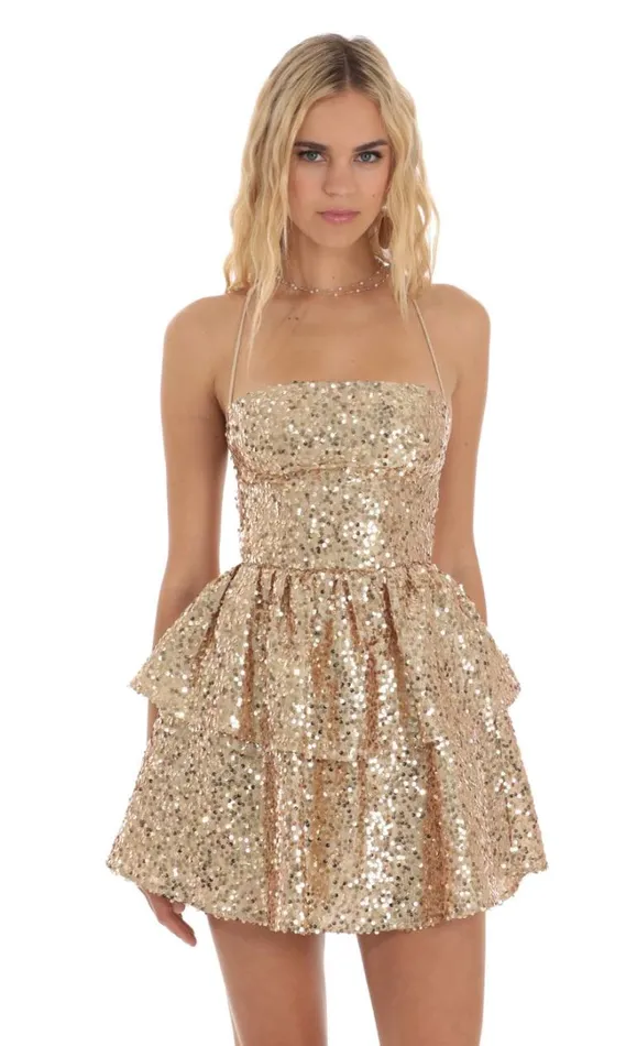 Sequin Lace Up Dress Gold Women LUCY IN THE SKY Mini Dresses Sequin Lace Up Dress Gold Women LUCY IN THE SKY Mini Dresses