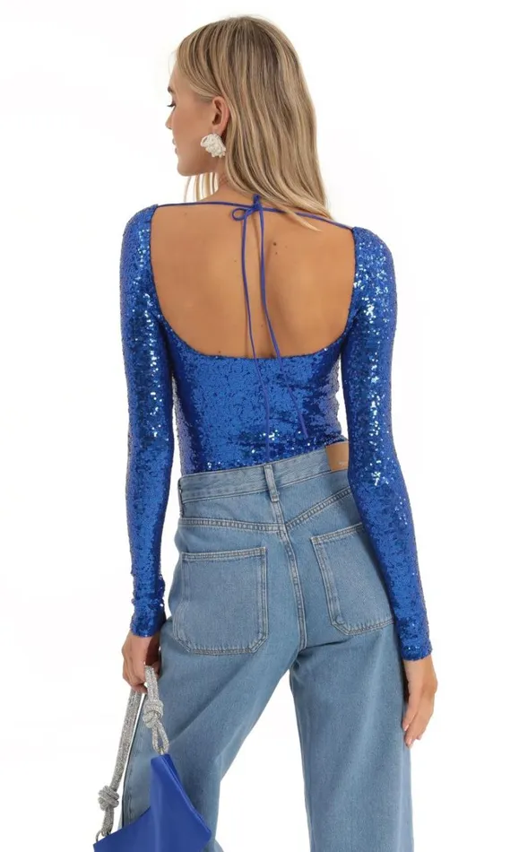 Sequin Long Sleeve Bodysuit Blue Women LUCY IN THE SKY Tops Sequin Long Sleeve Bodysuit Blue Women LUCY IN THE SKY Tops