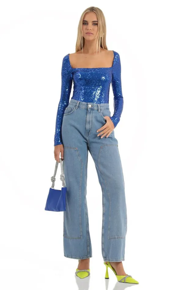 Sequin Long Sleeve Bodysuit Blue Women LUCY IN THE SKY Tops Sequin Long Sleeve Bodysuit Blue Women LUCY IN THE SKY Tops