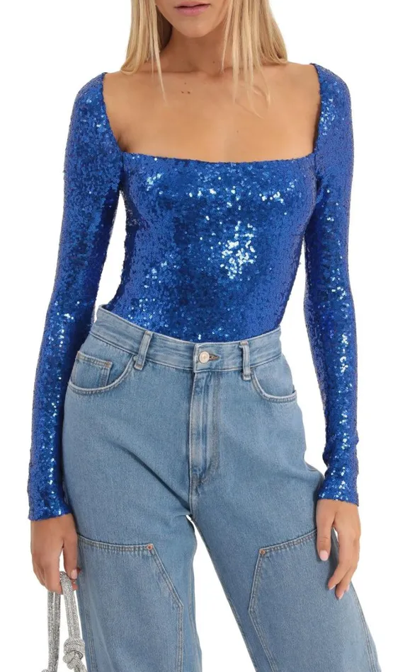 Sequin Long Sleeve Bodysuit Blue Women LUCY IN THE SKY Tops Sequin Long Sleeve Bodysuit Blue Women LUCY IN THE SKY Tops