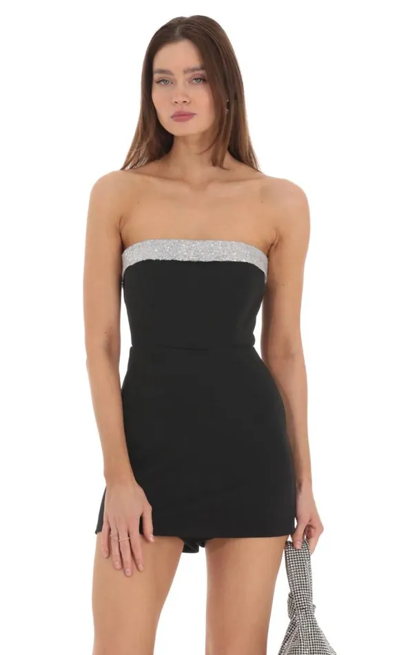 Sequin Trim Strapless Romper Black Women LUCY IN THE SKY Mini Dresses
