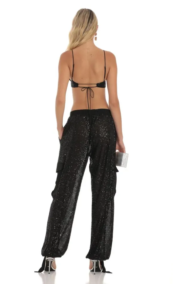 Sequin Two Piece Set Black Women LUCY IN THE SKY Pants Sequin Two Piece Set Black Women LUCY IN THE SKY Pants