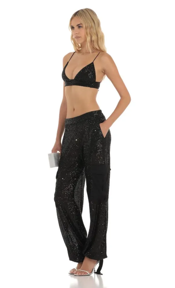 Sequin Two Piece Set Black Women LUCY IN THE SKY Pants Sequin Two Piece Set Black Women LUCY IN THE SKY Pants