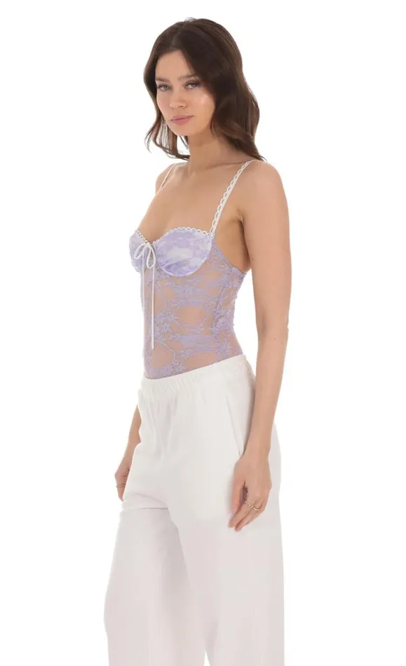 Sheer Lace Bodysuit Lavender Women LUCY IN THE SKY Bodysuits
