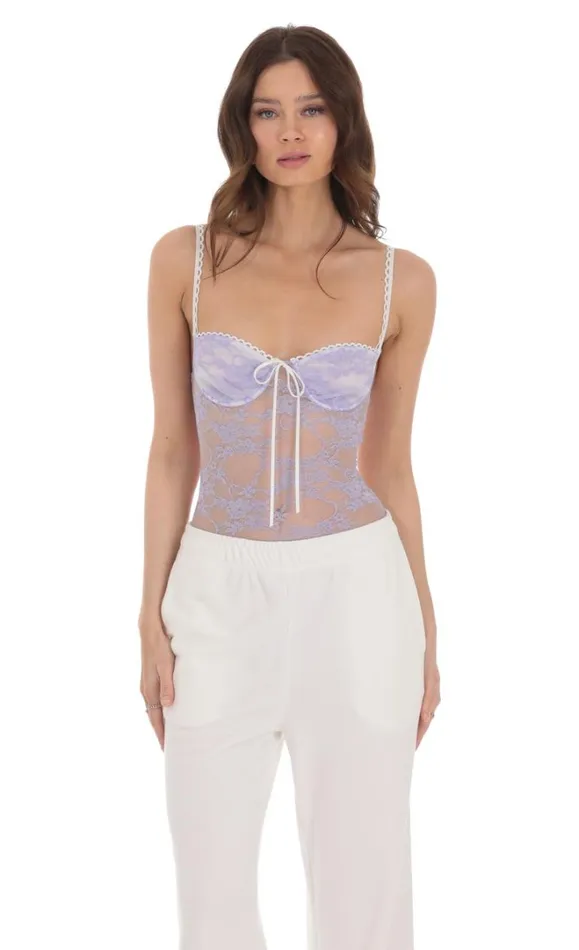 Sheer Lace Bodysuit Lavender Women LUCY IN THE SKY Bodysuits