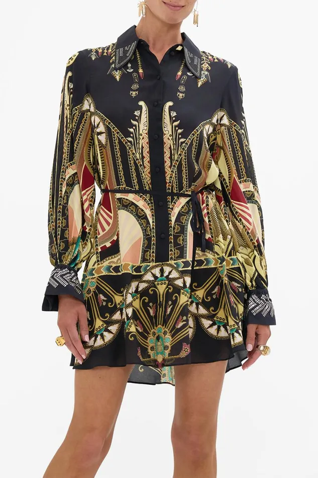 SHIFT SHIRT DRESS WITH GILDED MESH CUFF THEY CALLED HER NEFERTARI They Called Her Nefertari Womens Camilla Dresses