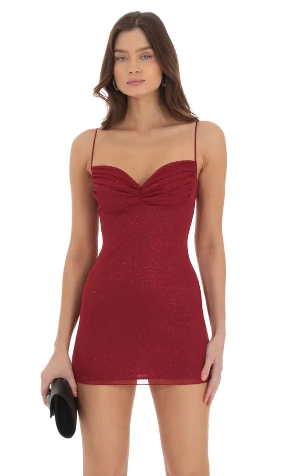Shimmer Ruched Bust Dress Maroon Women LUCY IN THE SKY Mini Dresses