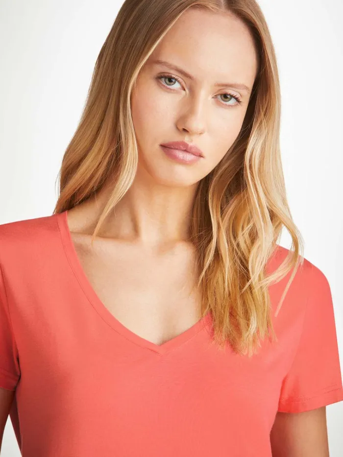 Short Sleeve TShirts Women Derek Rose VNeck TShirt Lara Micro Modal Stretch Coral