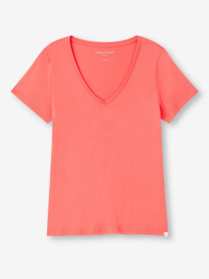 Short Sleeve TShirts Women Derek Rose VNeck TShirt Lara Micro Modal Stretch Coral