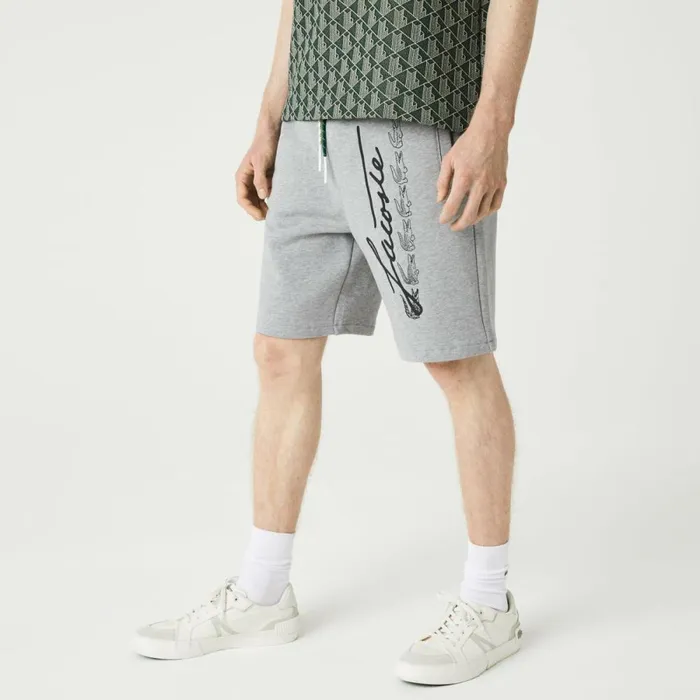 Shorts and Swim Men Lacoste Men039s Signature Print Cotton Fleece Shorts Grey Chine 4jv