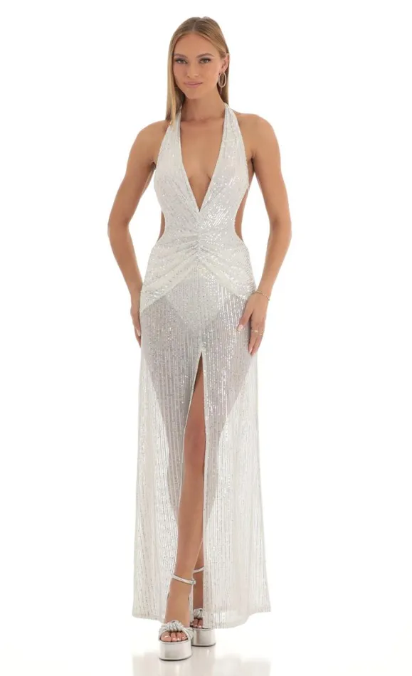 Silver Sequin Halter Maxi Dress White Women LUCY IN THE SKY Maxi Dresses