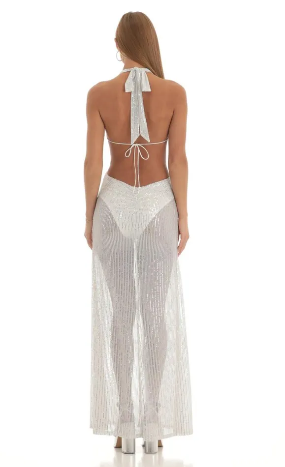 Silver Sequin Halter Maxi Dress White Women LUCY IN THE SKY Maxi Dresses Silver Sequin Halter Maxi Dress White Women LUCY IN THE SKY Maxi Dresses