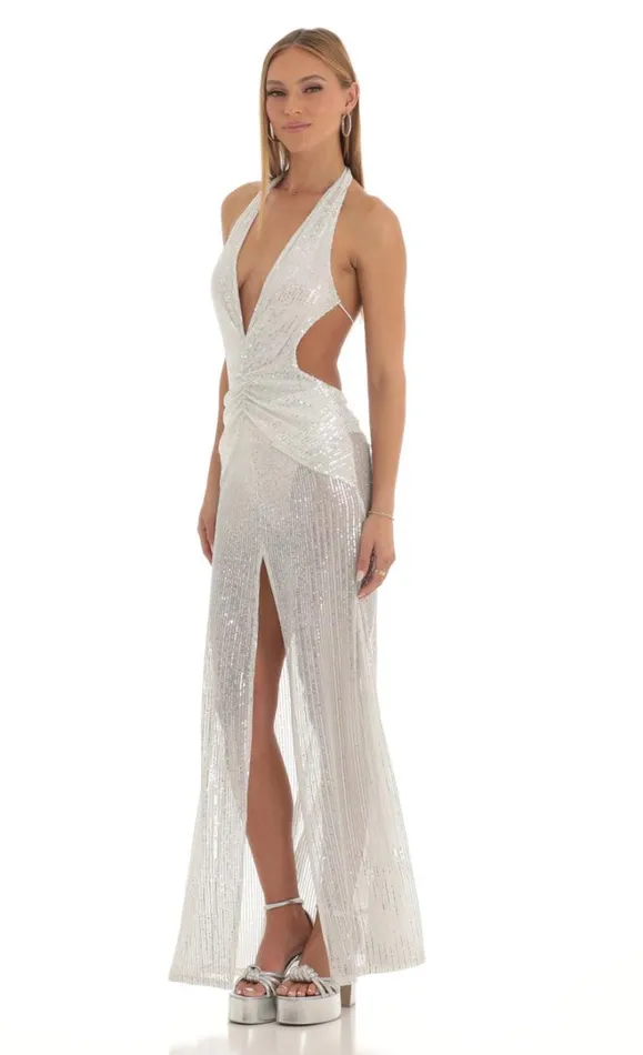 Silver Sequin Halter Maxi Dress White Women LUCY IN THE SKY Maxi Dresses Silver Sequin Halter Maxi Dress White Women LUCY IN THE SKY Maxi Dresses