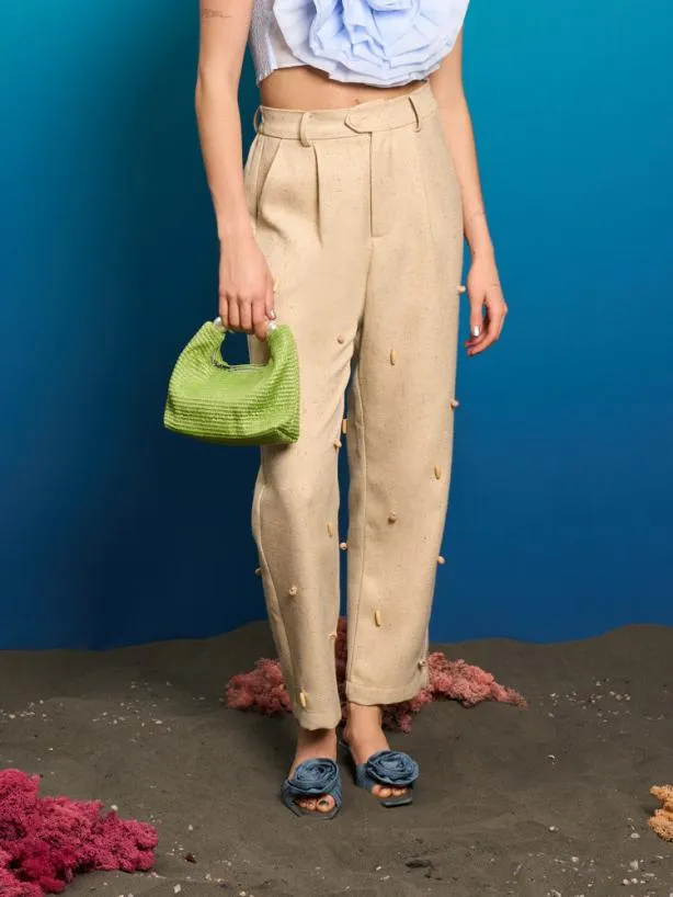 Sister Jane Bottoms Womenswear Dylan Bead Belted Trousers Natural Ivory