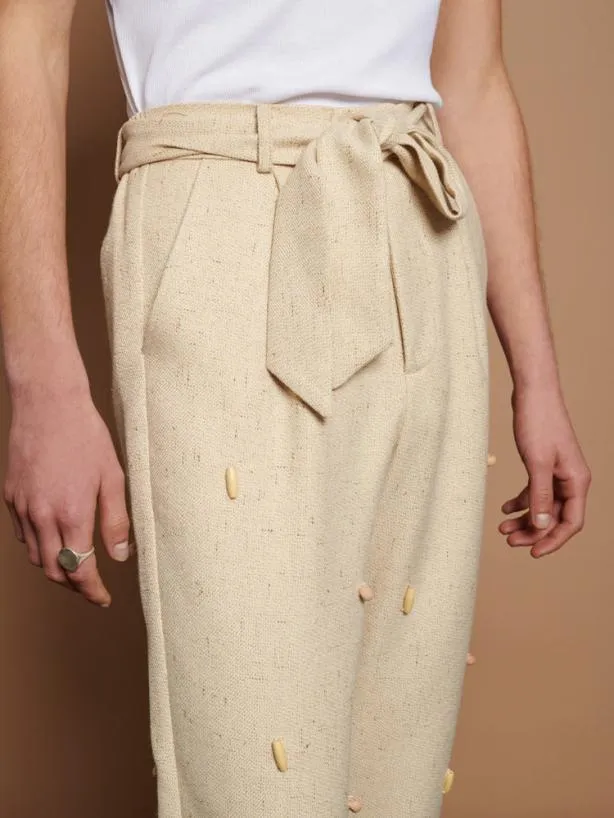 Sister Jane Bottoms Womenswear Dylan Bead Belted Trousers Natural Ivory