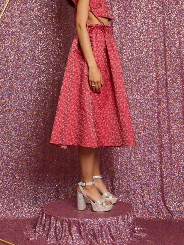 Sister Jane Bottoms Womenswear Flower Power Jacquard Midi Skirt Ruby Red