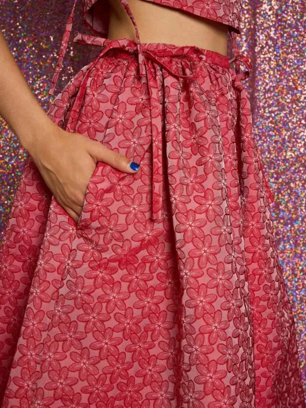 Sister Jane Bottoms Womenswear Flower Power Jacquard Midi Skirt Ruby Red