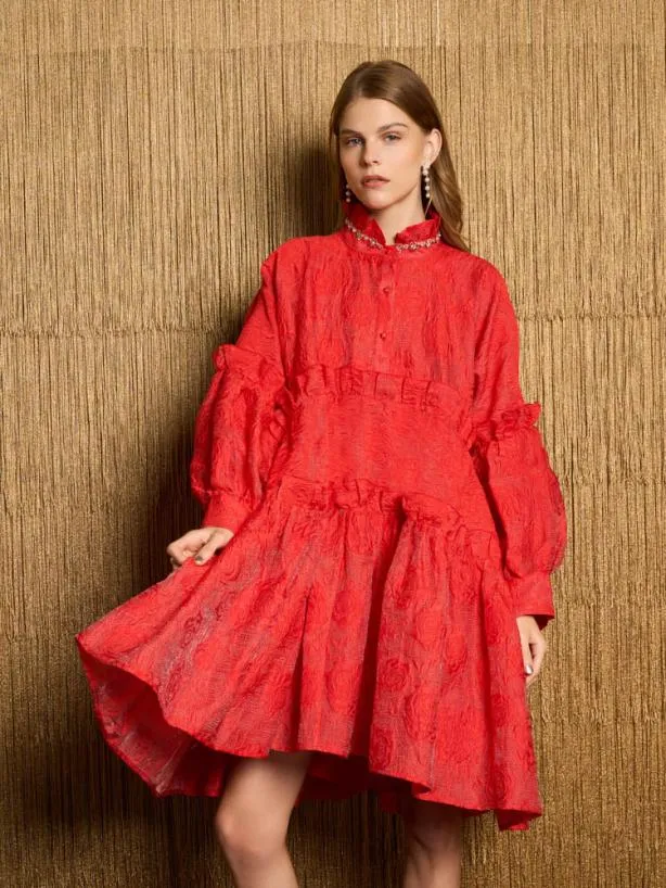 Sister Jane Dresses Womenswear DREAM Barbara Jacquard Embellished Dress Poppy Red