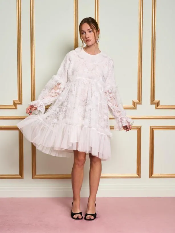 Sister Jane Dresses Womenswear DREAM Dentelle Ruffle Tulle Dress Pearl White