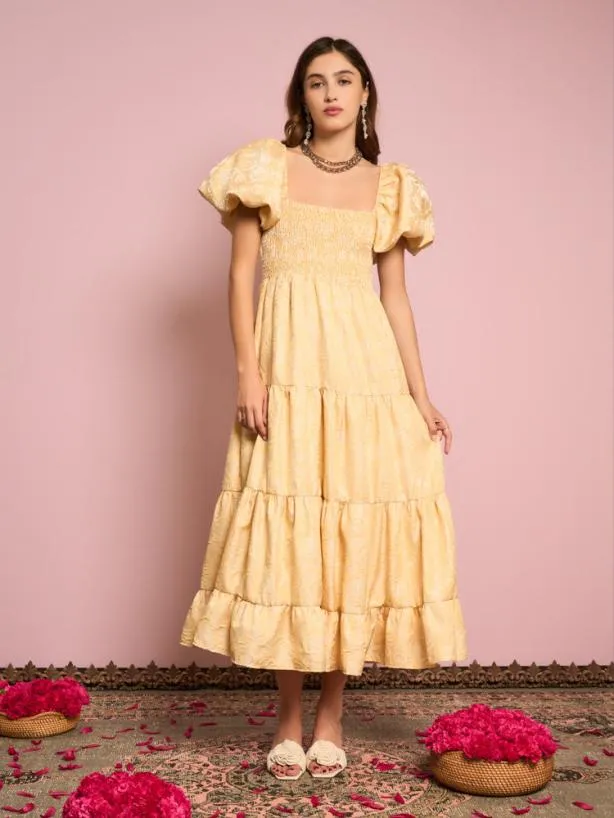 Sister Jane Dresses Womenswear Marigold Jacquard Tiered Dress Venetian Gold