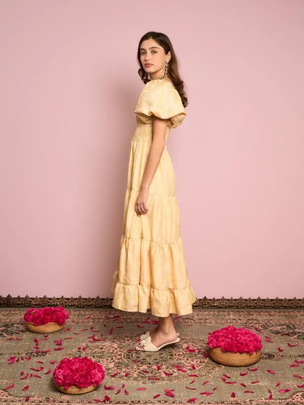 Sister Jane Dresses Womenswear Marigold Jacquard Tiered Dress Venetian Gold