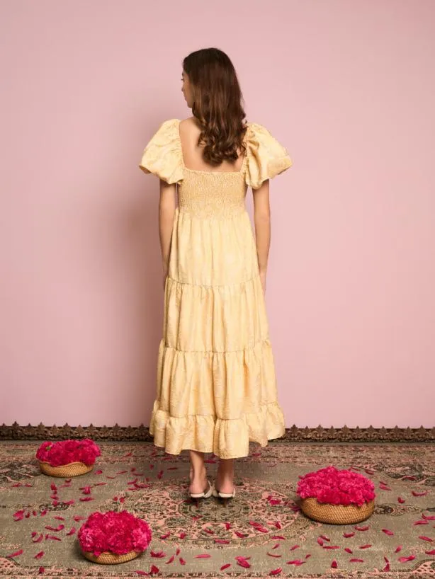 Sister Jane Dresses Womenswear Marigold Jacquard Tiered Dress Venetian Gold