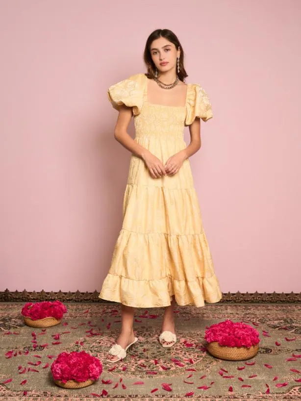 Sister Jane Dresses Womenswear Marigold Jacquard Tiered Dress Venetian Gold