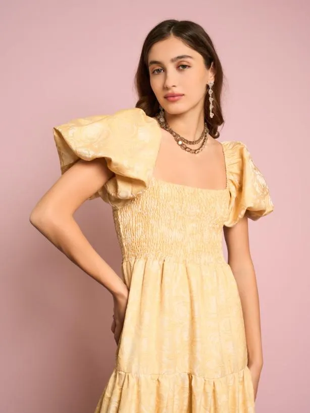 Sister Jane Dresses Womenswear Marigold Jacquard Tiered Dress Venetian Gold