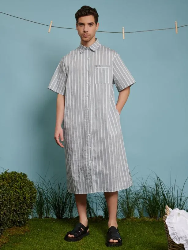 Sister Jane Shirts Menswear Ellis Stripe Tunic Khaki Green Stripes