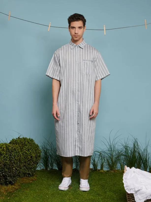 Sister Jane Shirts Menswear Ellis Stripe Tunic Khaki Green Stripes