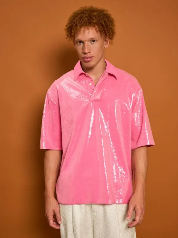 Sister Jane Shirts Menswear Evelyn Sequin Polo Shirt Flamingo Pink