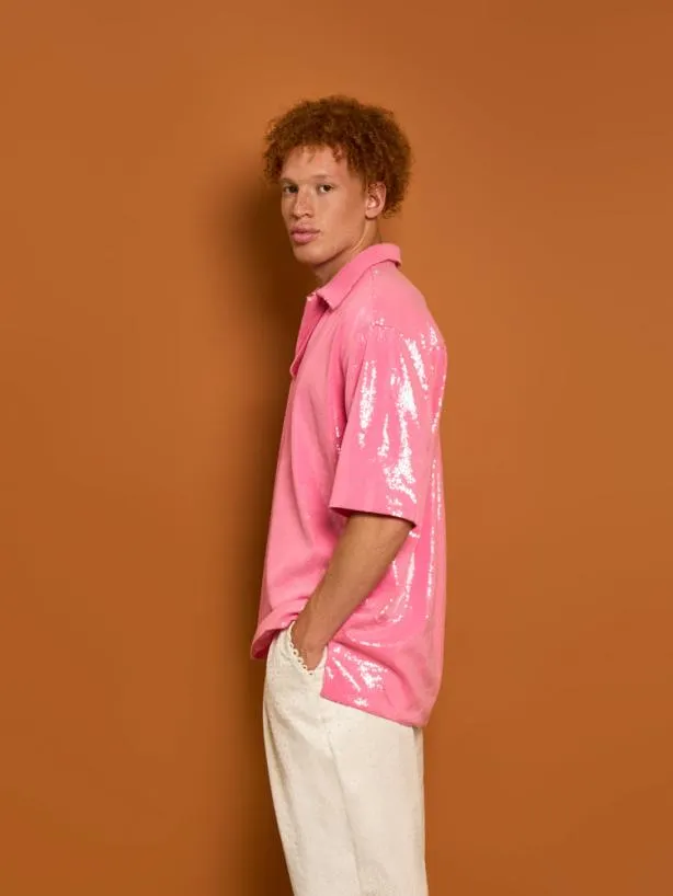 Sister Jane Shirts Menswear Evelyn Sequin Polo Shirt Flamingo Pink