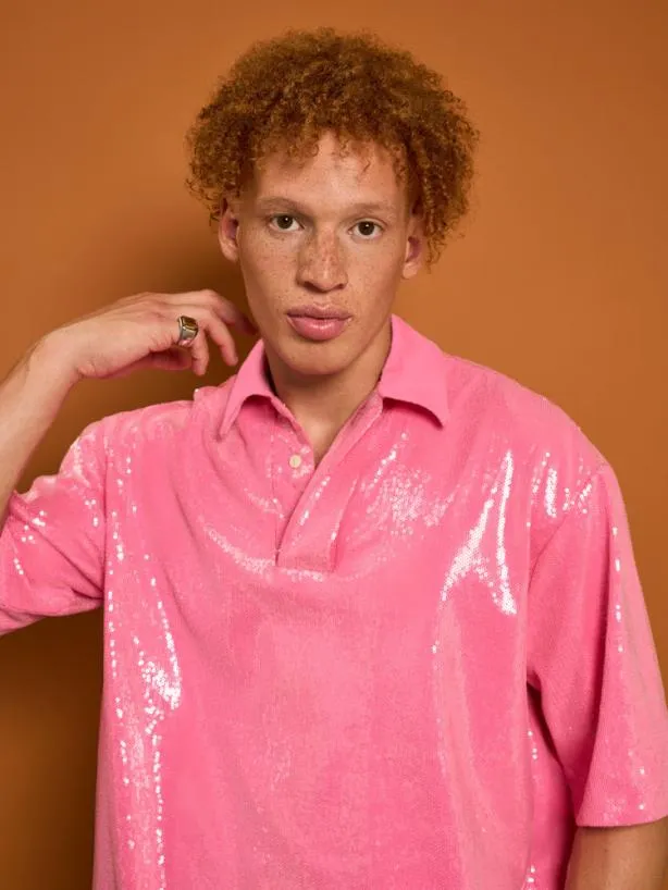 Sister Jane Shirts Menswear Evelyn Sequin Polo Shirt Flamingo Pink
