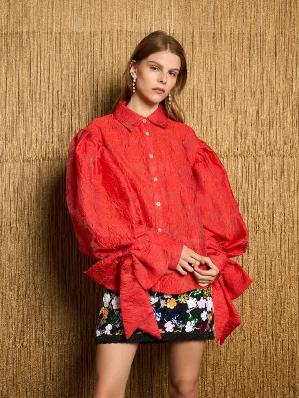 Sister Jane Tops Womenswear DREAM Barbara Jacquard Bow Blouse Poppy Red
