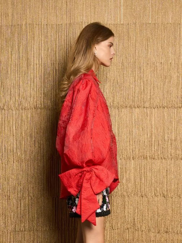 Sister Jane Tops Womenswear DREAM Barbara Jacquard Bow Blouse Poppy Red